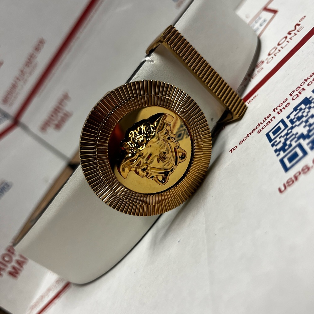 Versace White Leather Belt with Gold Medusa Buckle